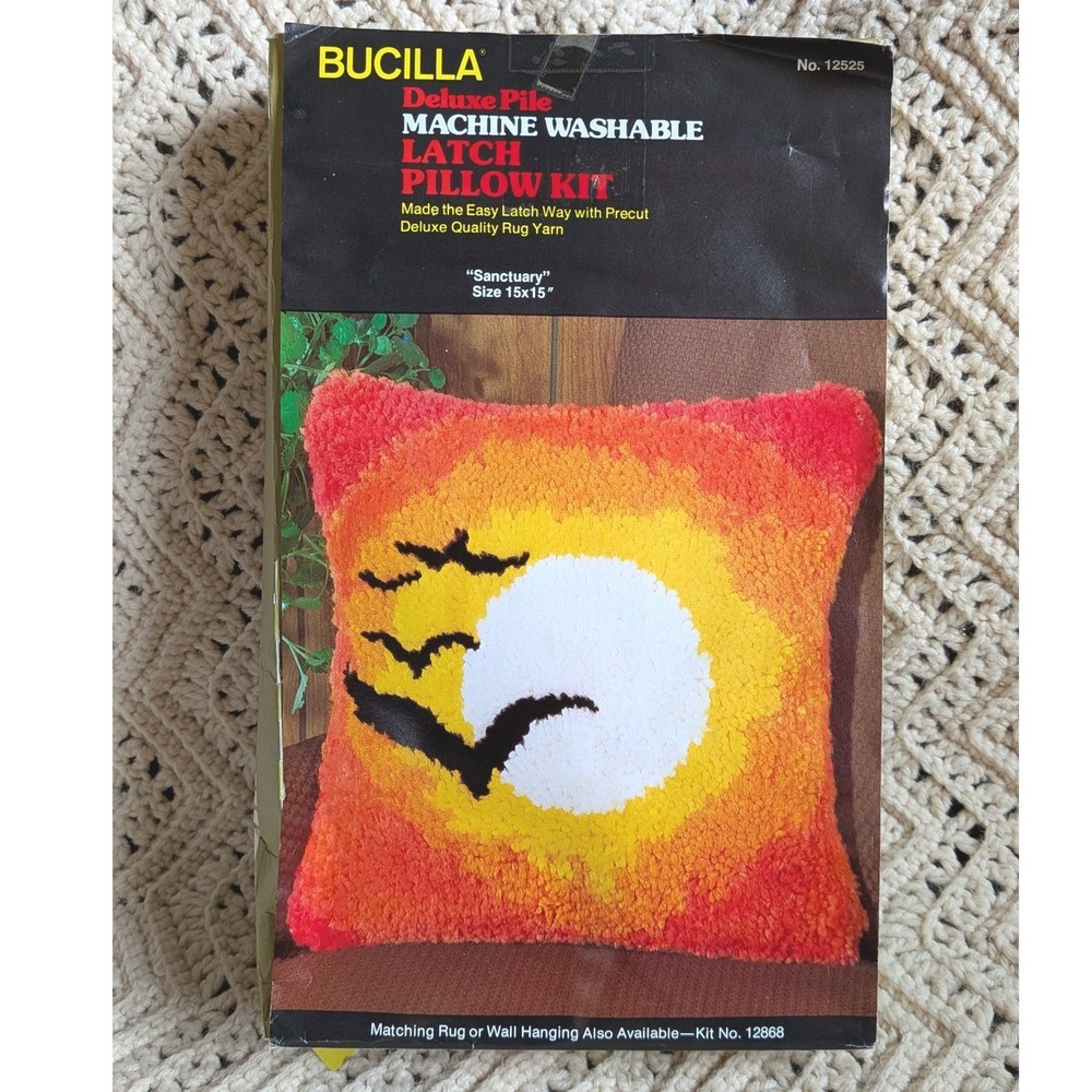 Bucilla Sanctuary Vintage Latch Hook Pillow Kit Sunset Birds 12525 Retro 15x15